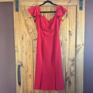 Stop Staring! ❤️ Polka Dot Midi Dress with Ruffle Shoulders